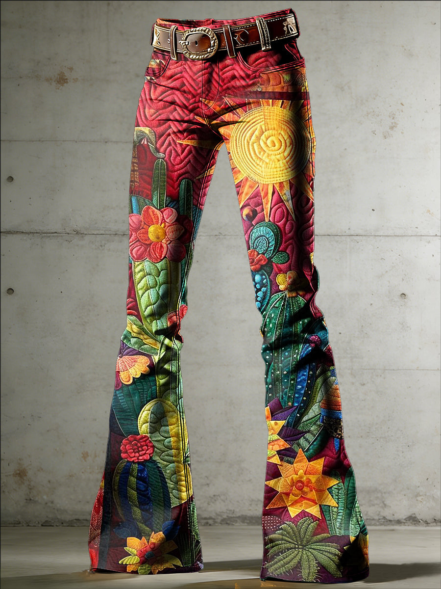 Women's Western Art Print Flared Trousers