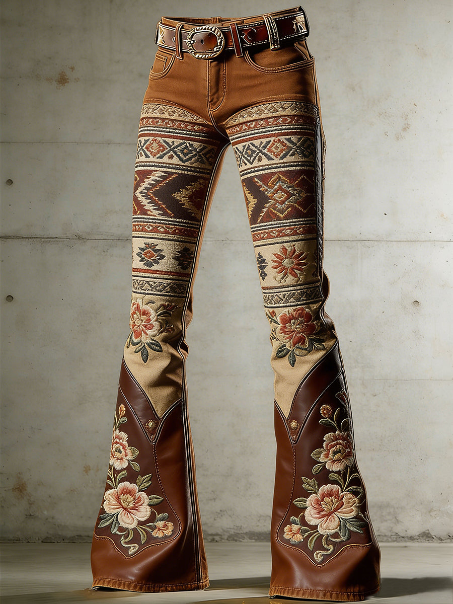Women's Western Flowers Art Print Flared Trousers