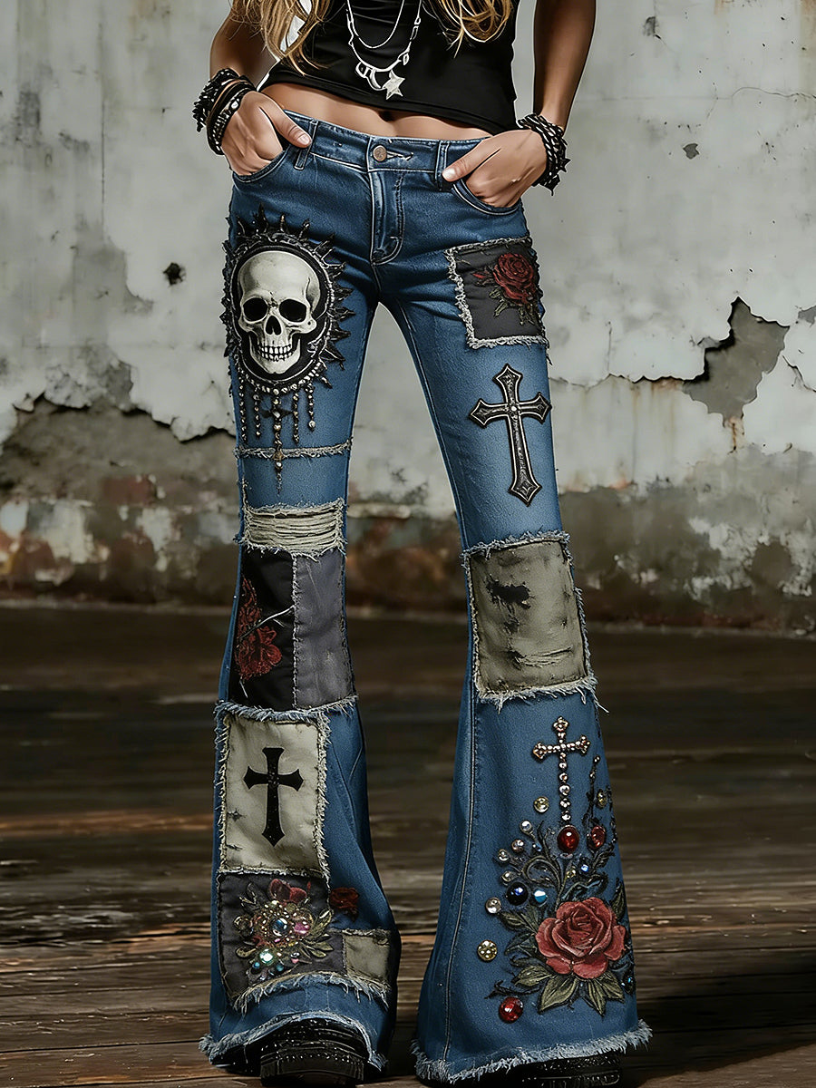 Women's Gothic Skull Art Print Flared Trousers