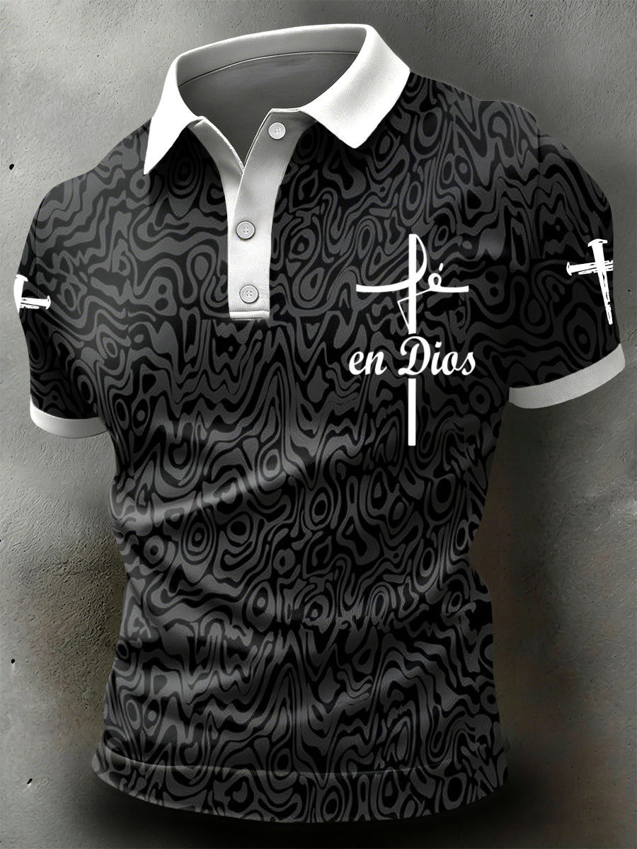 Retro-Style Cross-Pattern Casual Polo Shirt
