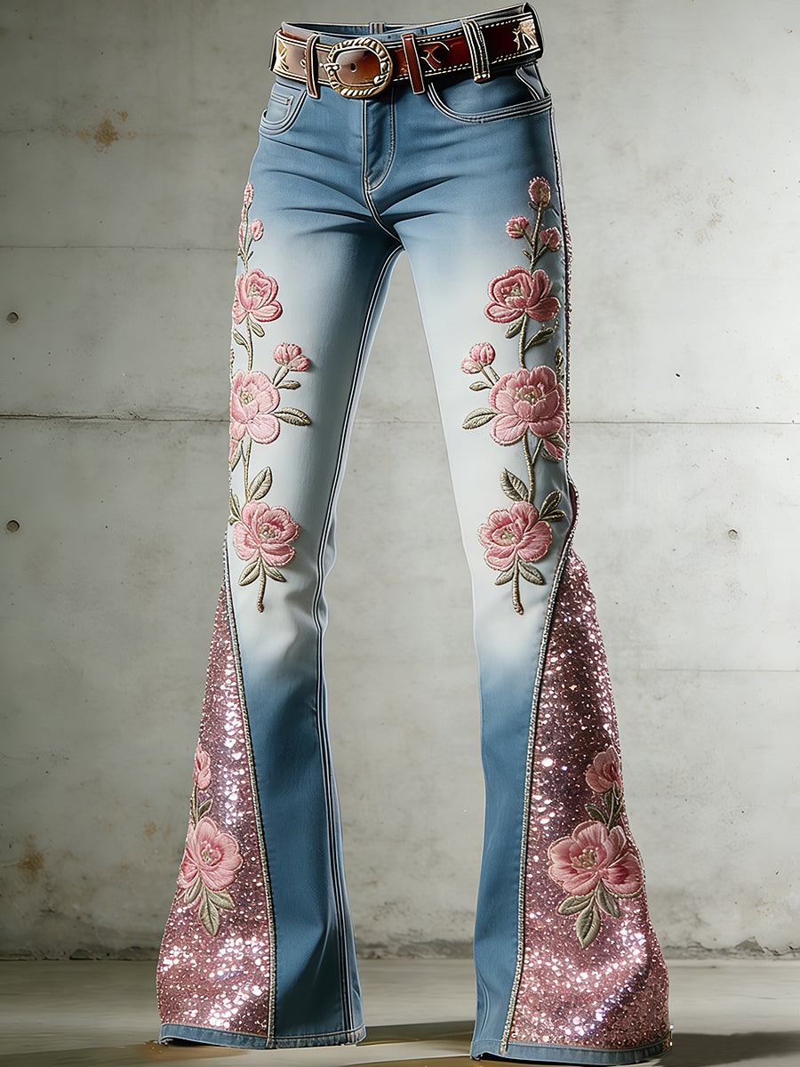Women's Floral Art Print Flared Trousers