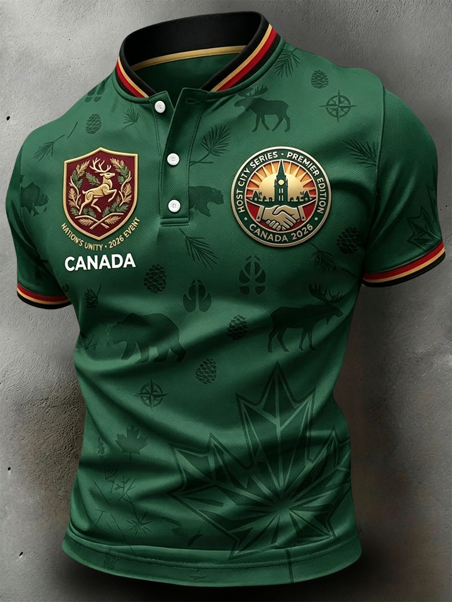 Retro Canada 2026 Soccer Maple Leaf Print Casual Polo Shirt