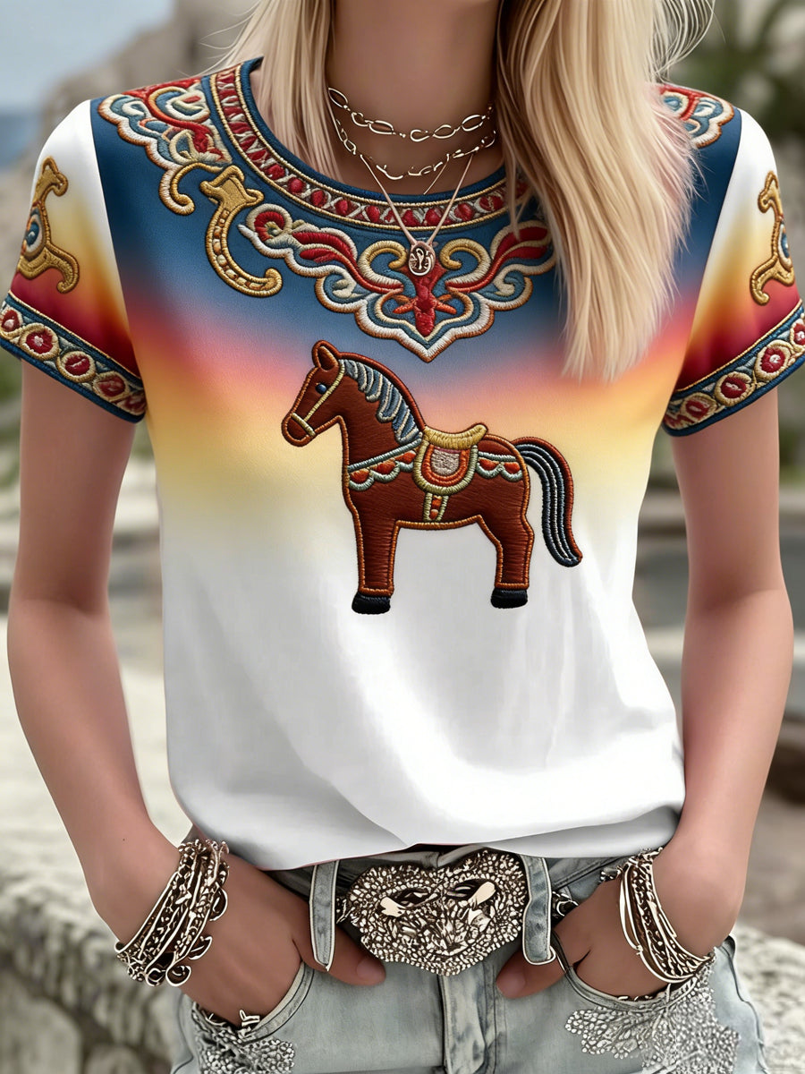 Women's Swedish Dala Horse Art Printed T-shirt