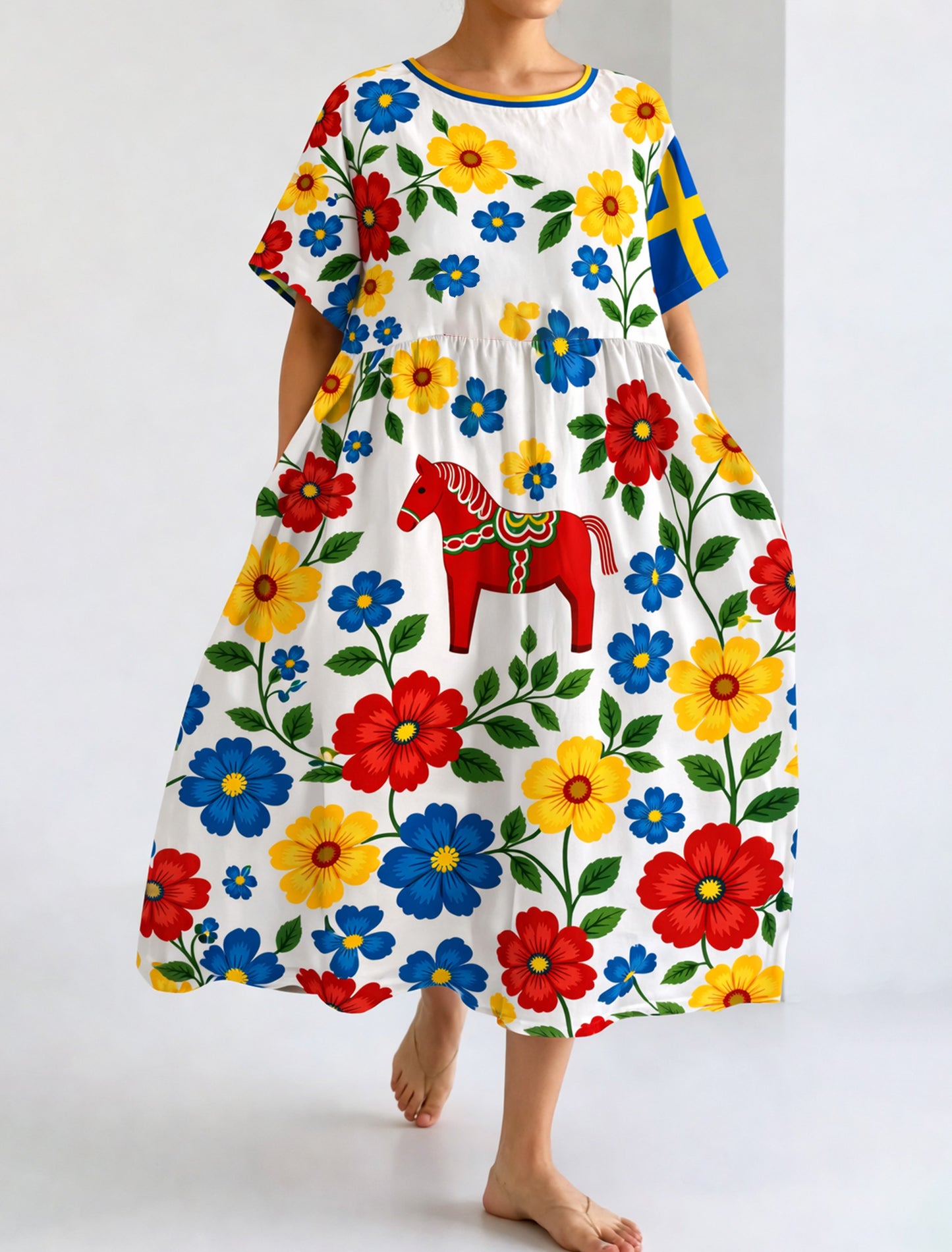 Women's Swedish Midsummer Festival Commemorative Art Print Long Dress