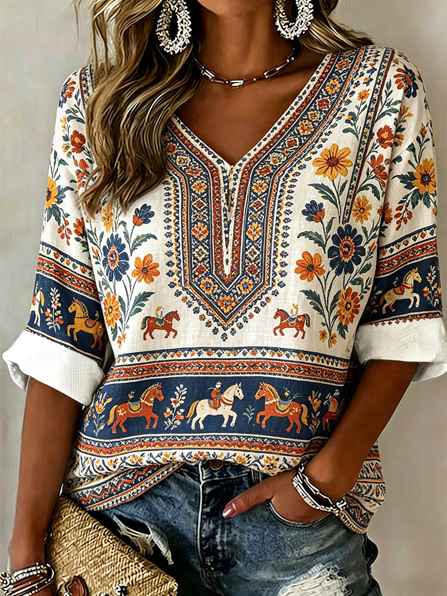 Women's Midsummer Festival Ethnic Print Casual V-Neck Top