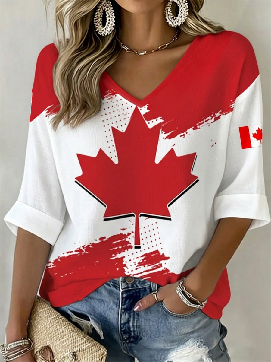 Women's Happy Canada Day Canadian Maple Leaf Print Casual Waffle V-Neck Top