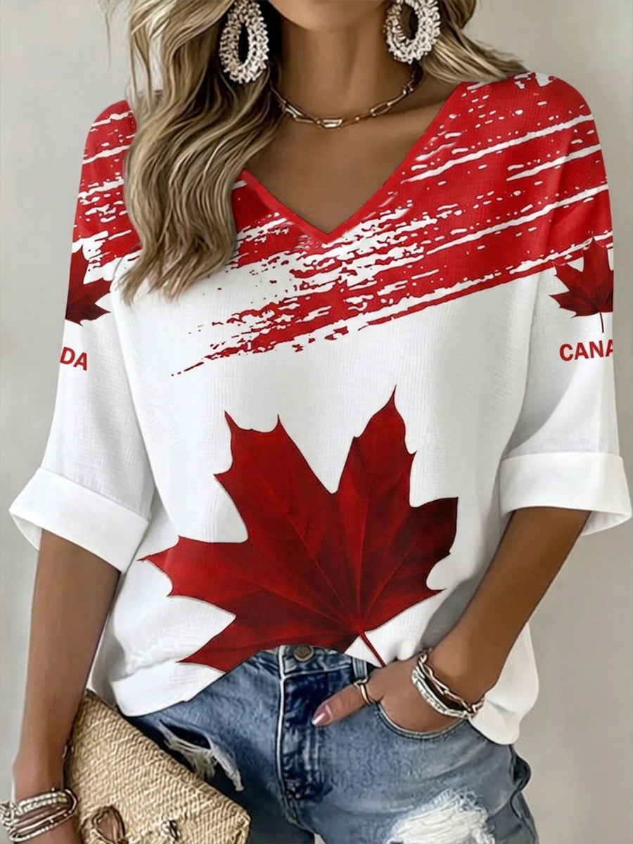 Women's Happy Canada Day Canadian Maple Leaf Print Casual Waffle V-Neck Top