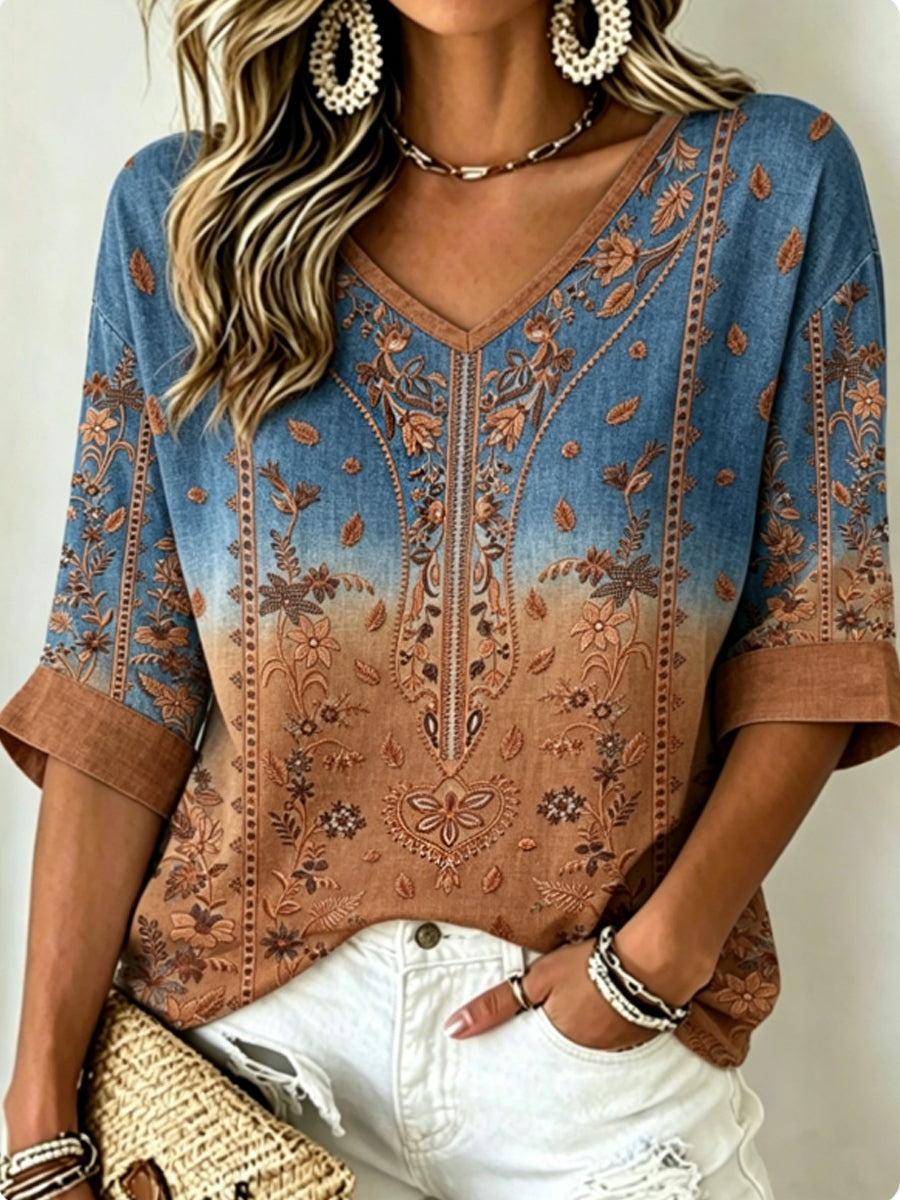 Women's Vintage Bohemian Embroidered Floral V-Neck Cotton-Linen Top