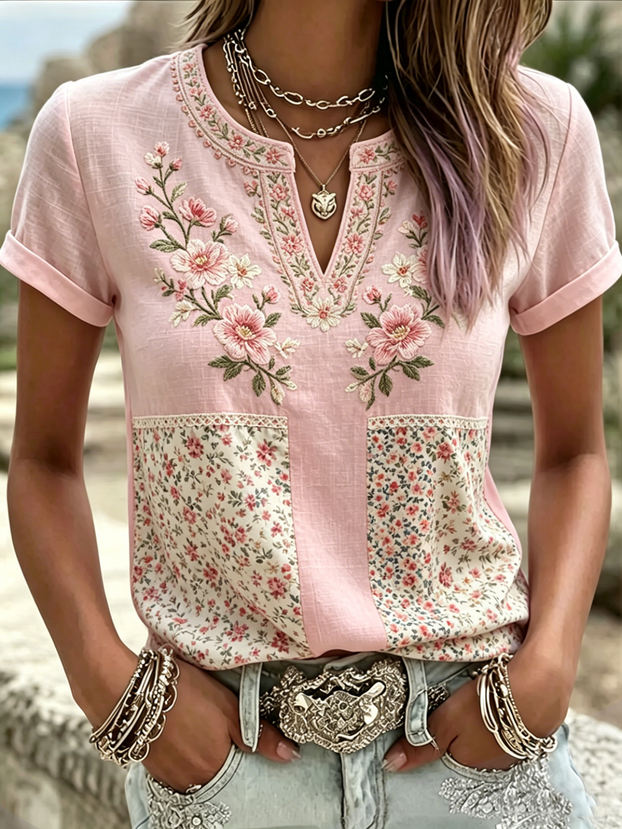 Women's Pink Floral Print short-sleeved T-shirt