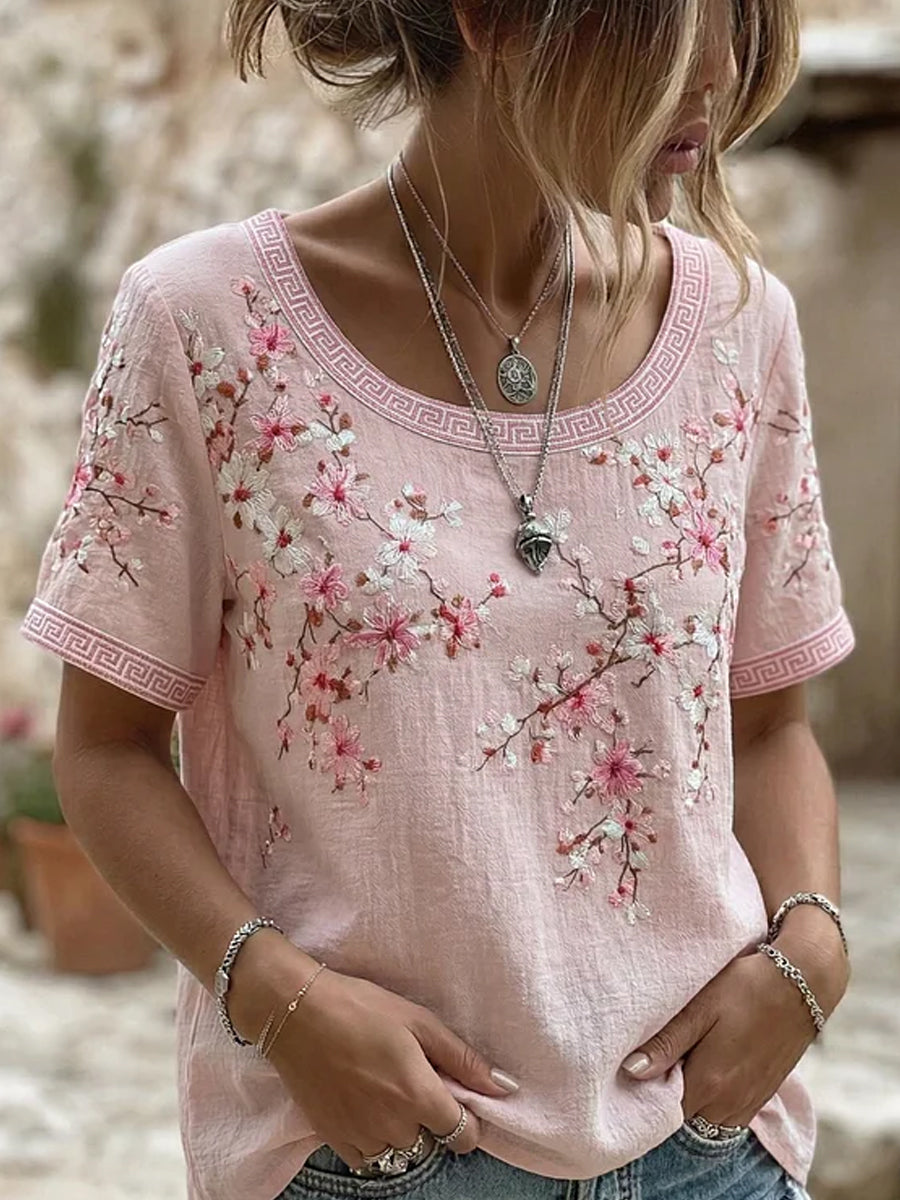 Retro Floral Art Print Casual Cotton-Linen T-Shirt