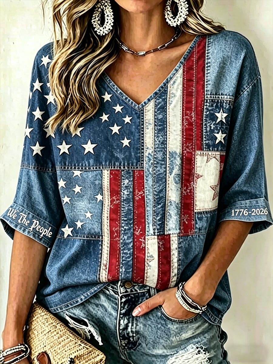 Women's Vintage Independence Day Flag Art V-Neck T-Shirt