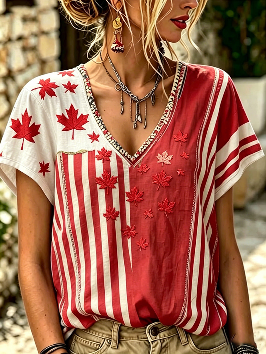 Women's Maple Leaf Print Casual V-Neck Tee