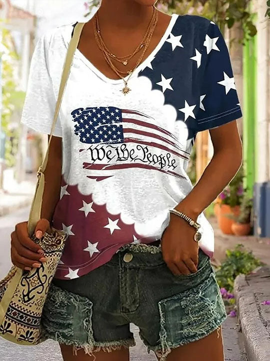Women Independence Day America Flag Short Sleeve T-shirt