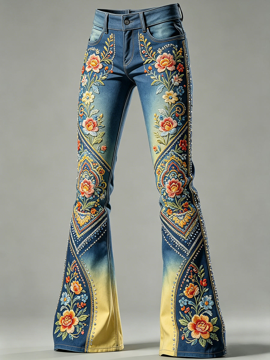 Women's Flowers Art Print Flared Trousers