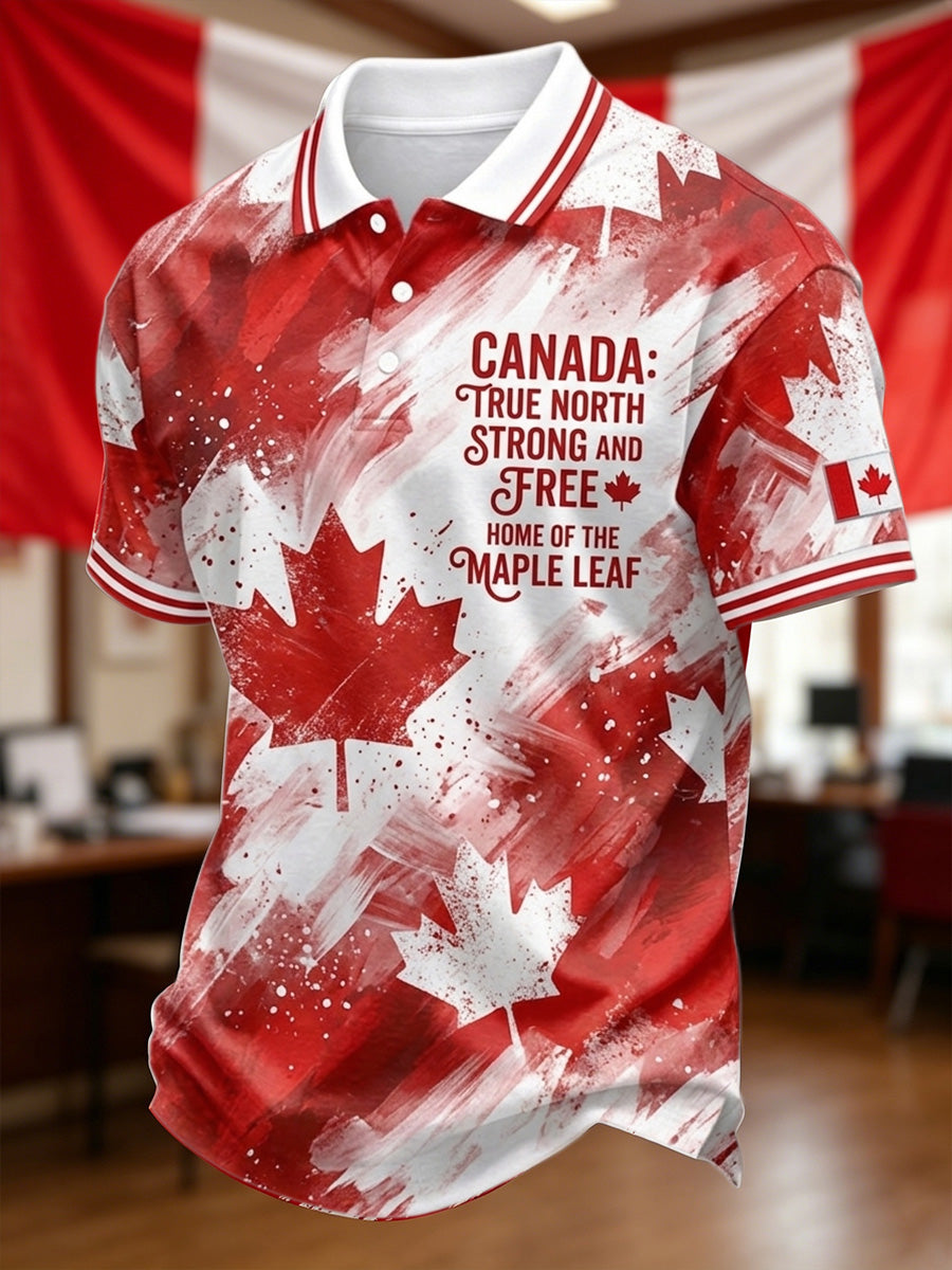Men's Canadian Maple Leaf True North Strong And Free Print Casual Polo