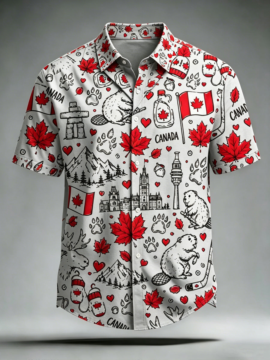 Men's Canada Day Print Casual Short Sleeved Shirt
