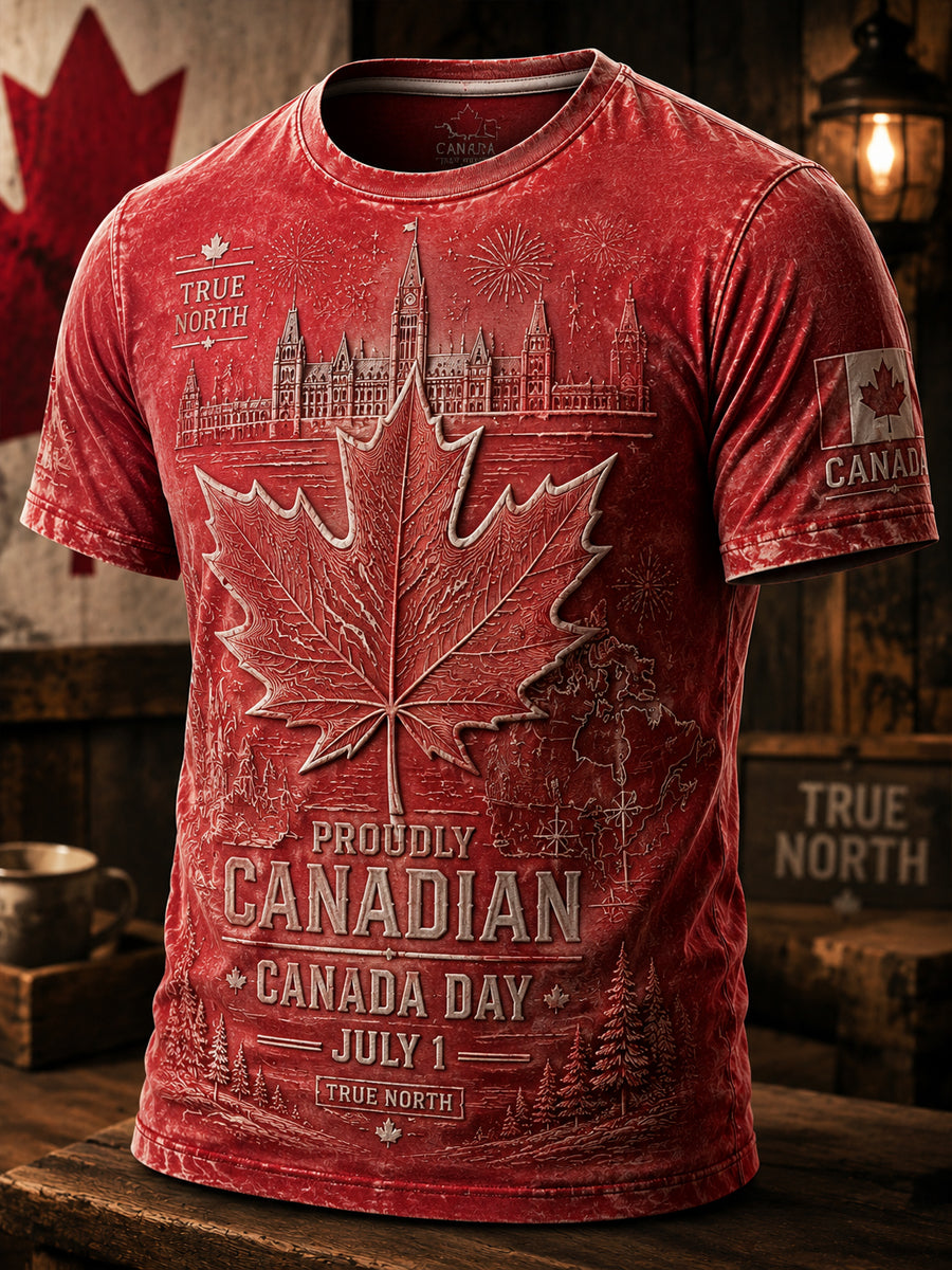 Vintage-Washed Canada Day Maple Leaf Artistic Casual T-Shirt