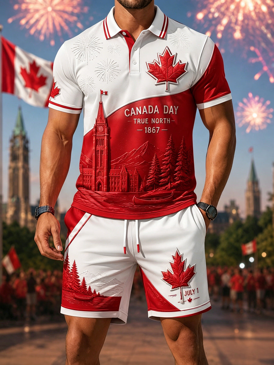 Men's Retro Canada Day Casual Polo Shirt and Shorts Set