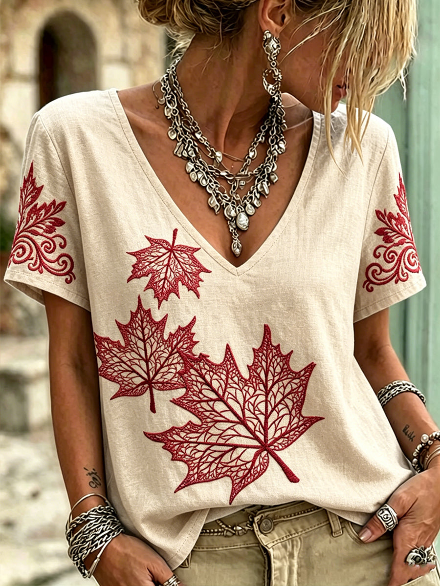 Women's Canada Maple Leaf Art Printed Vintage Fashion Loose Short Sleeve T-Shirt