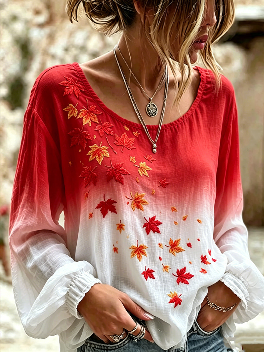 Women's Canada Maple Leaf Art Printed Round Neck Long Sleeved Shirt