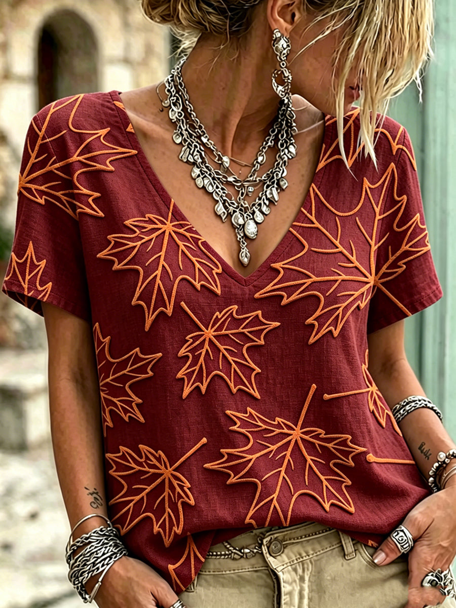 Women's Maple Leaf Art Printed Vintage Fashion Loose Short Sleeve T-Shirt