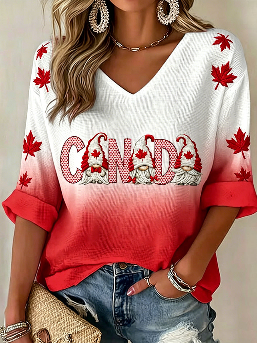 Women's V-neck Mid-Sleeve Canada Day Printed Casual T-shirt