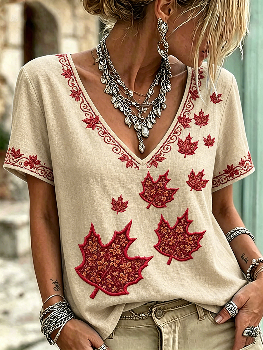 Women's Maple Leaf Art Printed Vintage Fashion Loose Short Sleeve T-Shirt