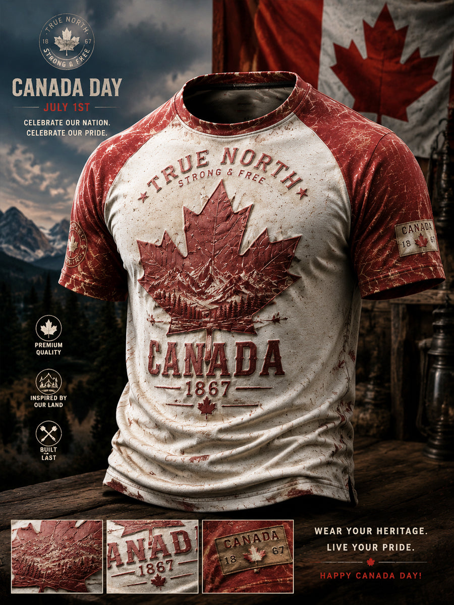 Vintage-Washed Canada Day Patchwork Casual T-Shirt
