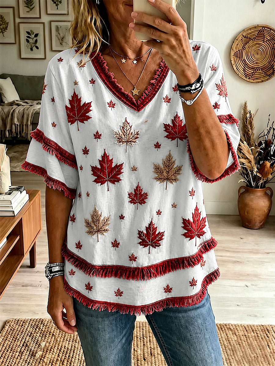 Women's Maple Leaf Print Casual T-Shirt