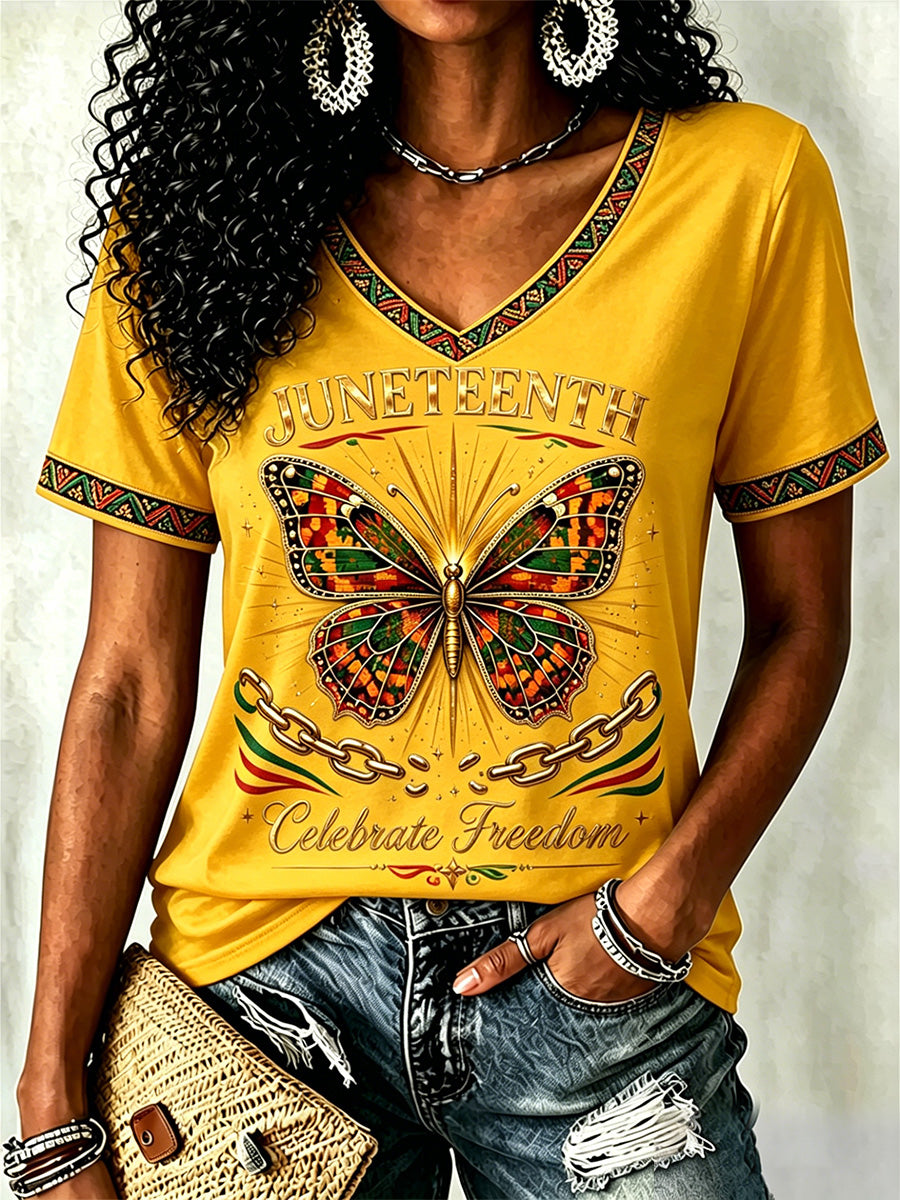 Women's Juneteenth Print Casual V-Neck Tee