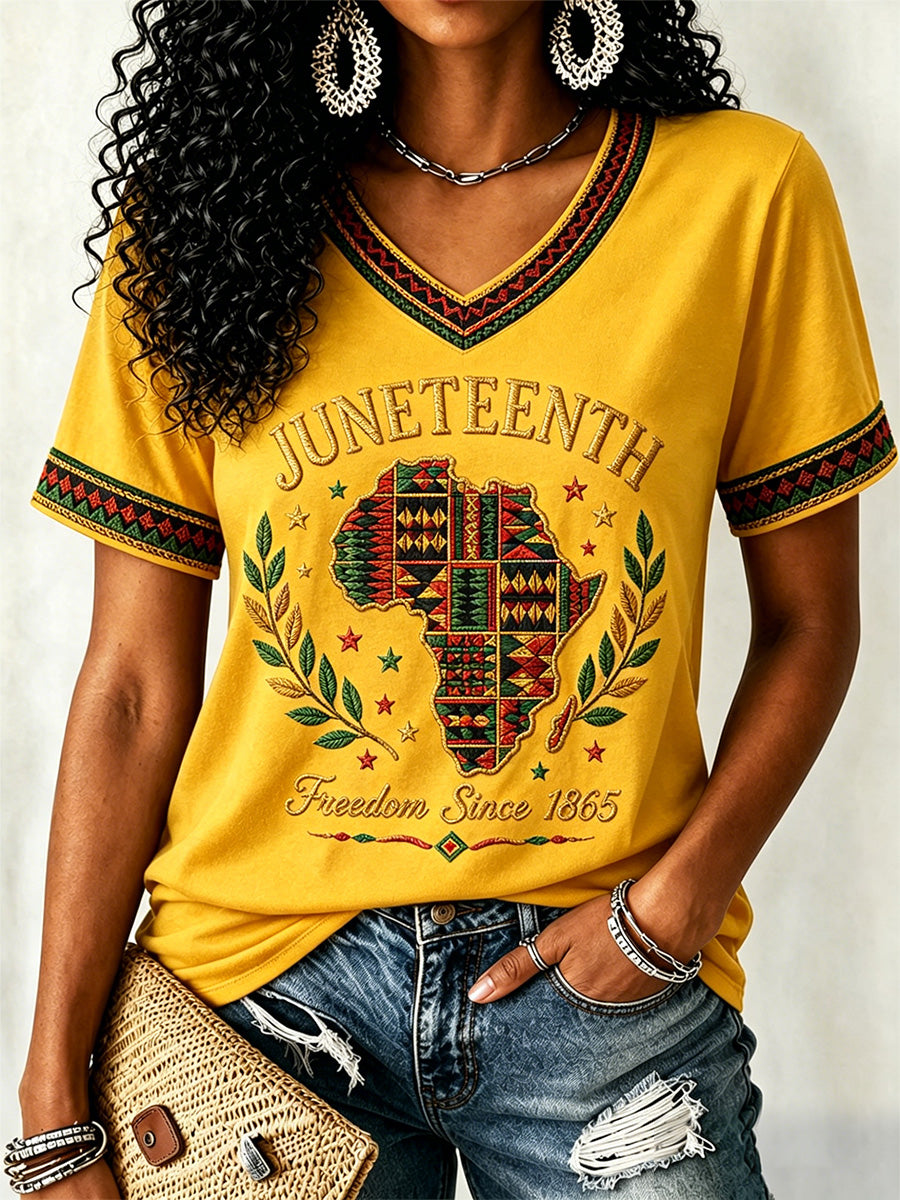 Women's Juneteenth Print Casual V-Neck Tee