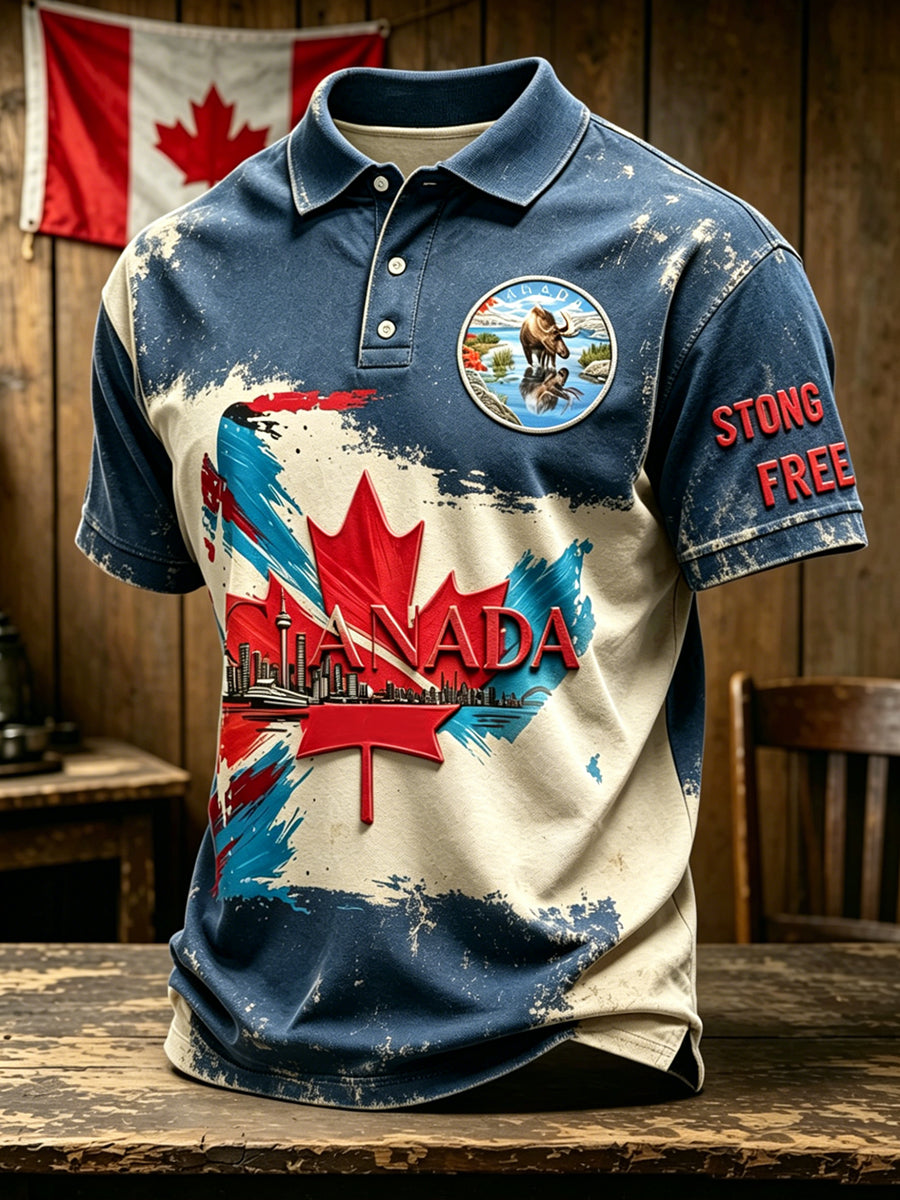 Men's Canada Day Commemoration Print Polo Collar Casual Short Sleeved Shirt