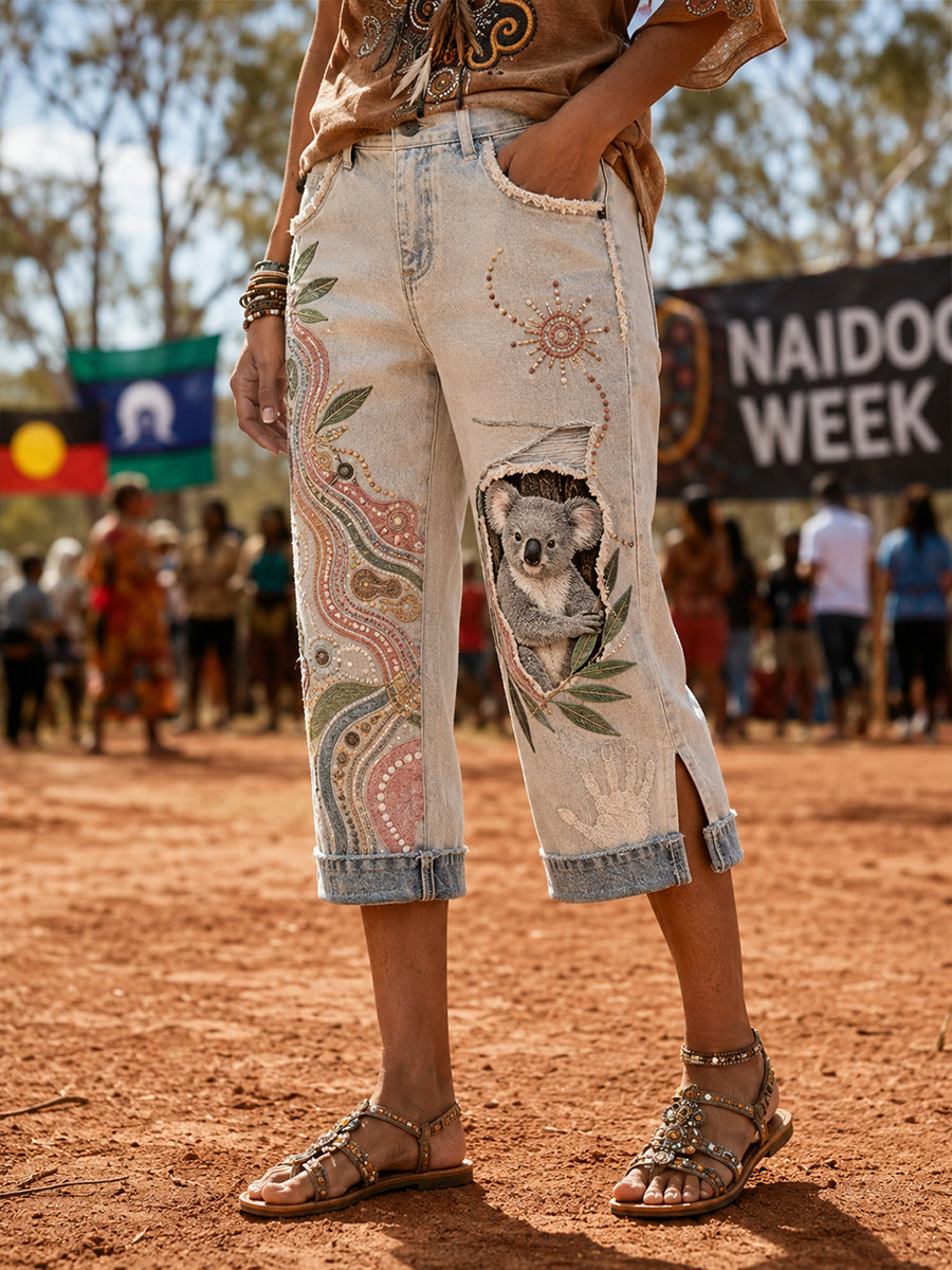 Women's Australia Naidoc Week Pattern Denim Patchwork Capri Pants