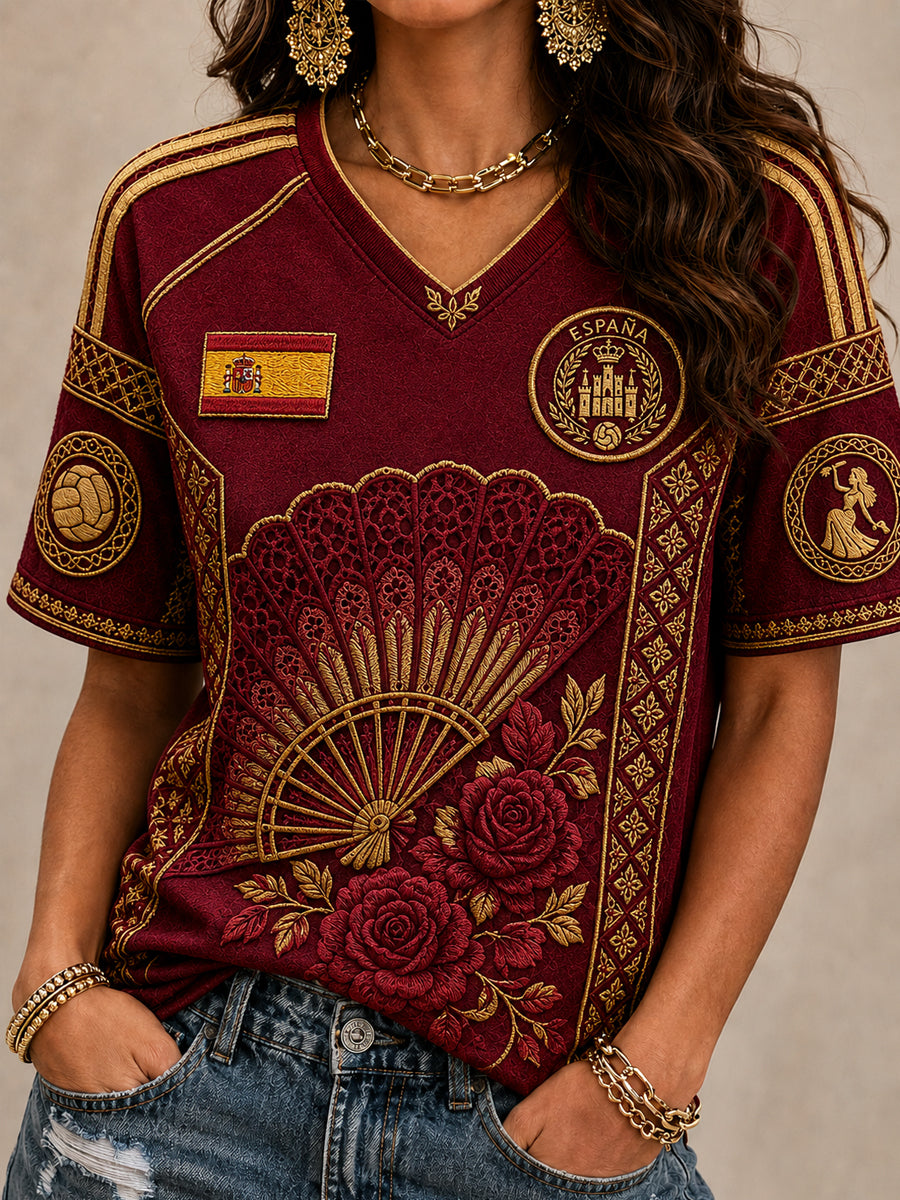 Women's Spain Football Lover V-neck Off-shoulder short-sleeved T-shirt