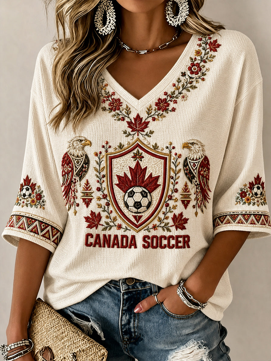 Women's CANADA Football Pattern Linen V-Neck Shirt