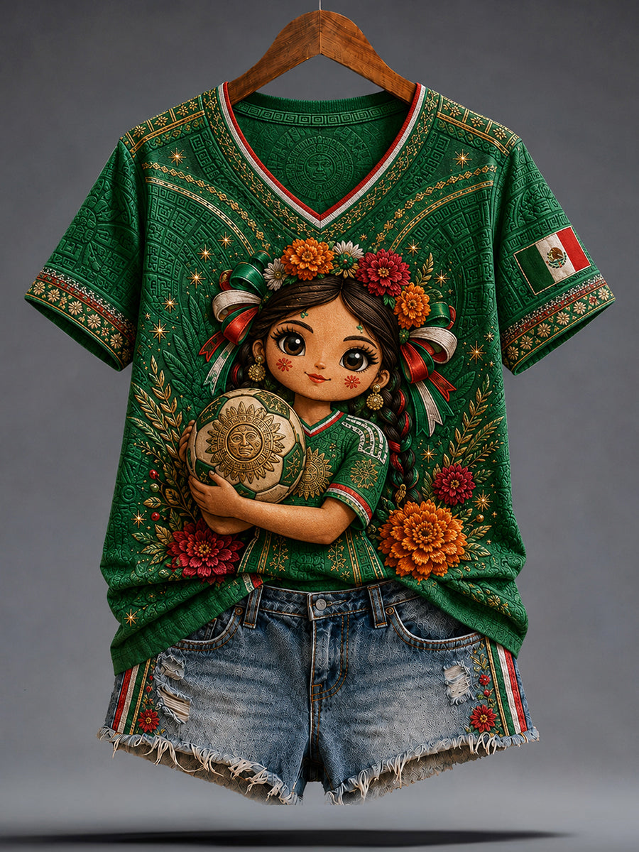 Women's Funny Lele Doll Mexico Football Lover Art Printed T-Shirt