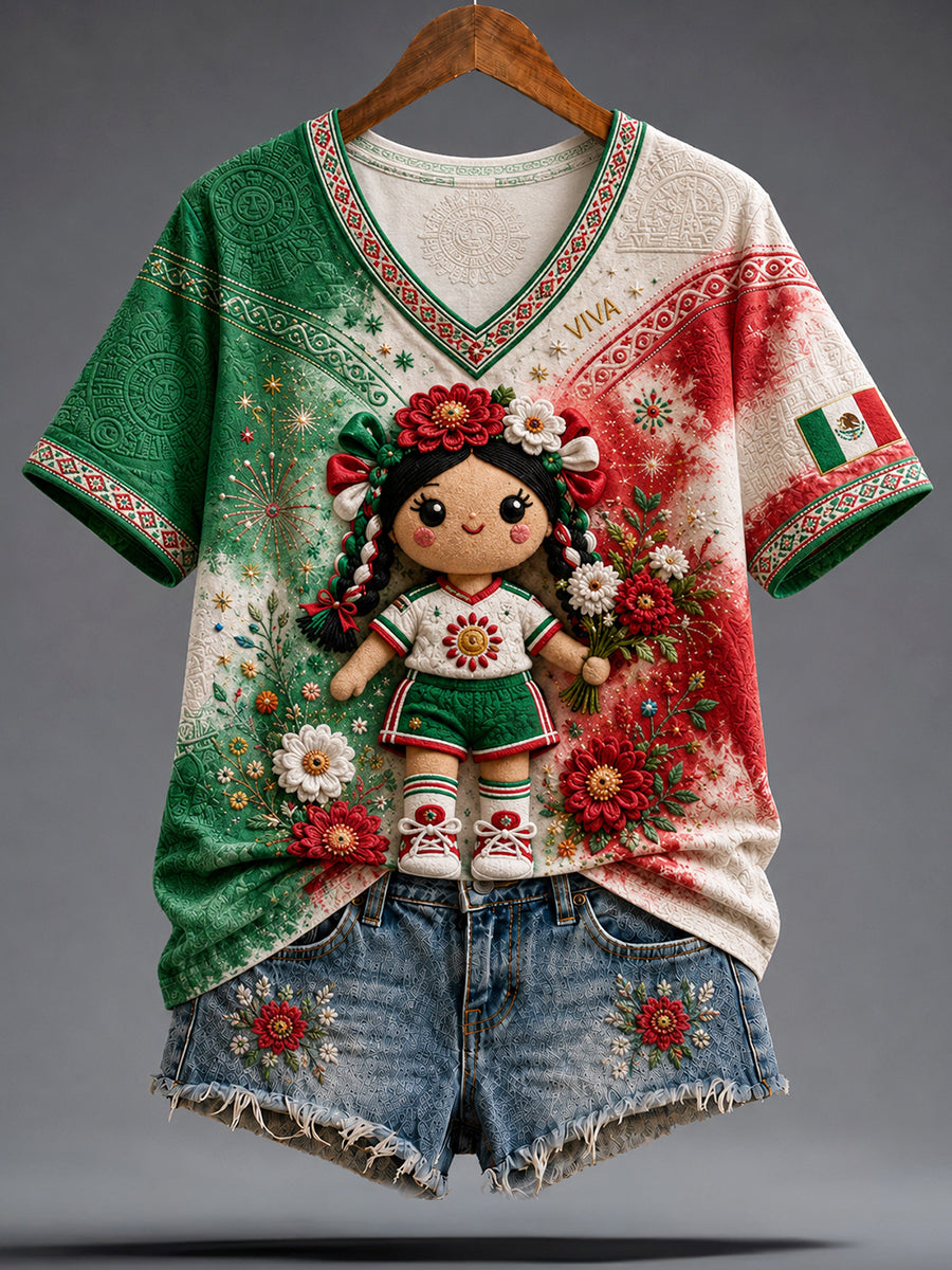 Women's Funny Lele Doll Mexico Football Lover Art Printed T-Shirt
