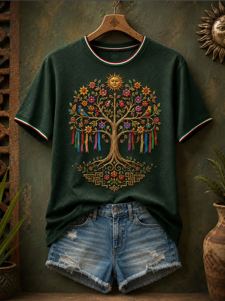 Women's Mexico Guelaguetza (Tree of Life Art Printed Linen T-shirt