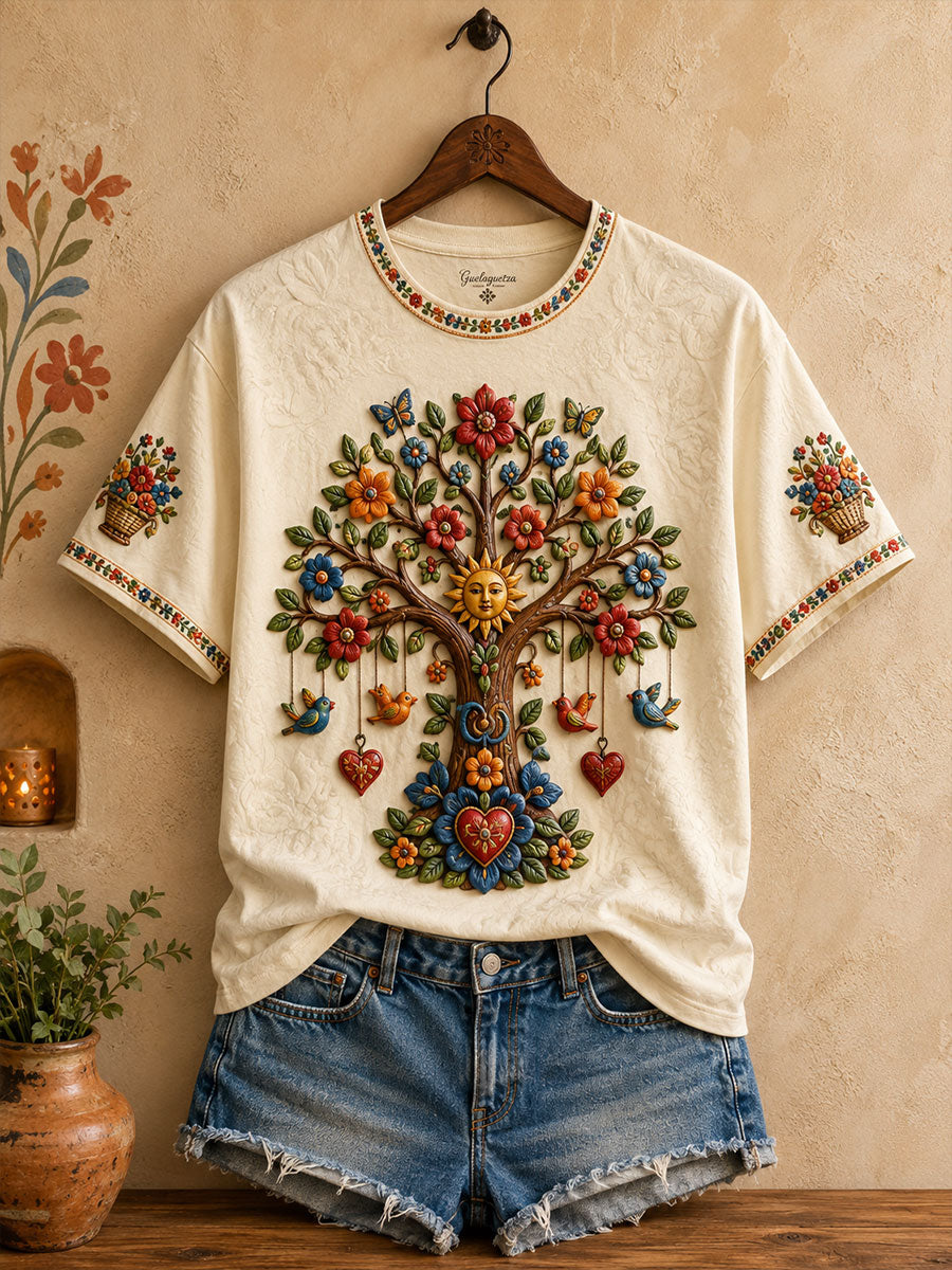 Women's Mexico Guelaguetza (Tree of Life Art Printed Linen T-shirt