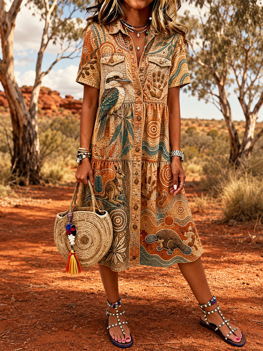 Women's Vintage Australian Ethnic Art Print Casual Dress