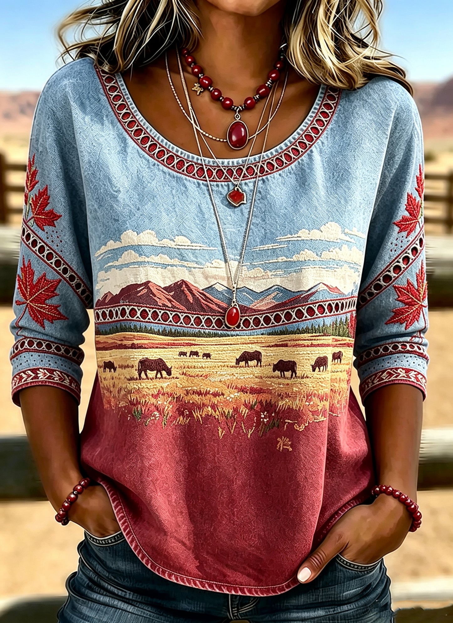 Women's Vintage Canada Calgary Stampede Print Casual Shirt