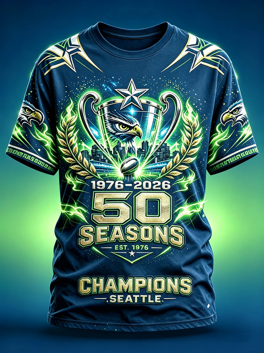 Men's Seattle Rugby Printed Vintage Fashion Loose Short Sleeve T-Shirt