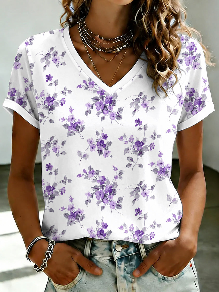 Women's Purple Flora Art Printed V-neck T-shirt