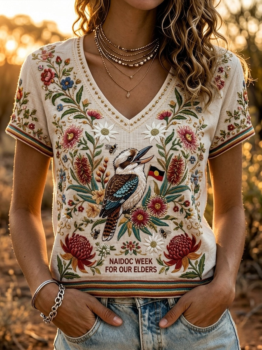 Women's AU Aboriginal Art NAIDOC Week Printed V-neck T-Shirt
