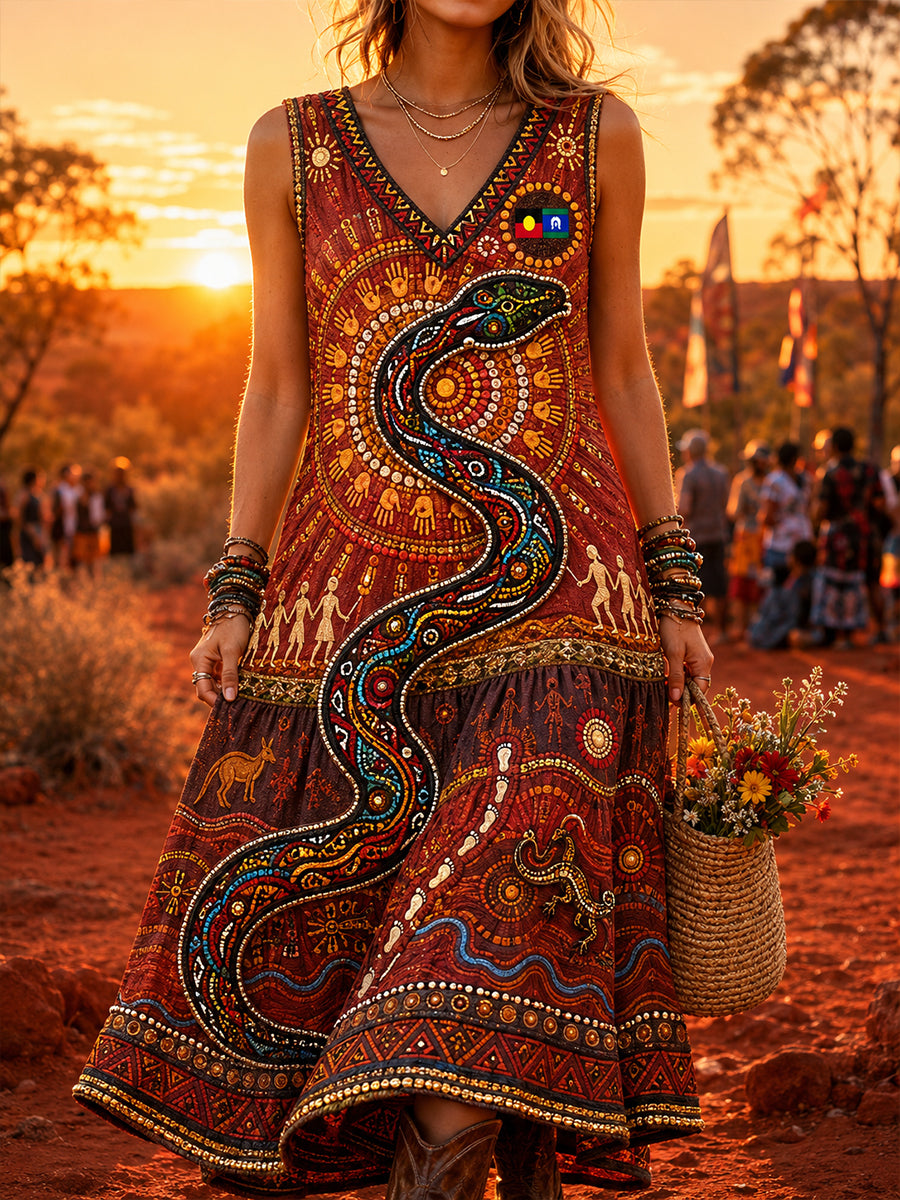 Women's Australian NAIDOC Week Vintage Short Sleeve V-Neck Dress