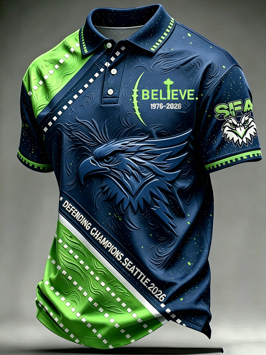 Men's Rugby Seattle Print Polo Collar Casual Short Sleeved Shirt