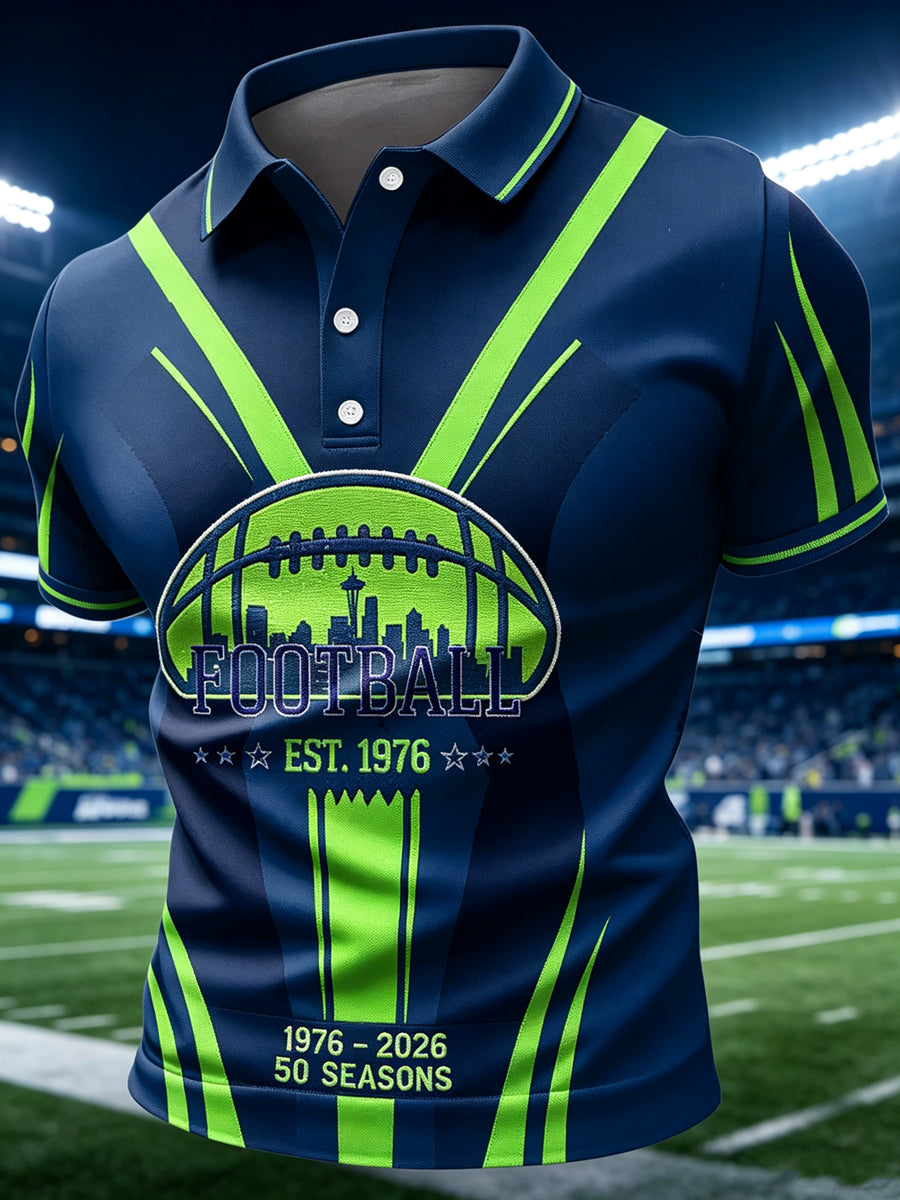 Men's Seattle Rugby Print Polo Collar Casual Short Sleeved Shirt