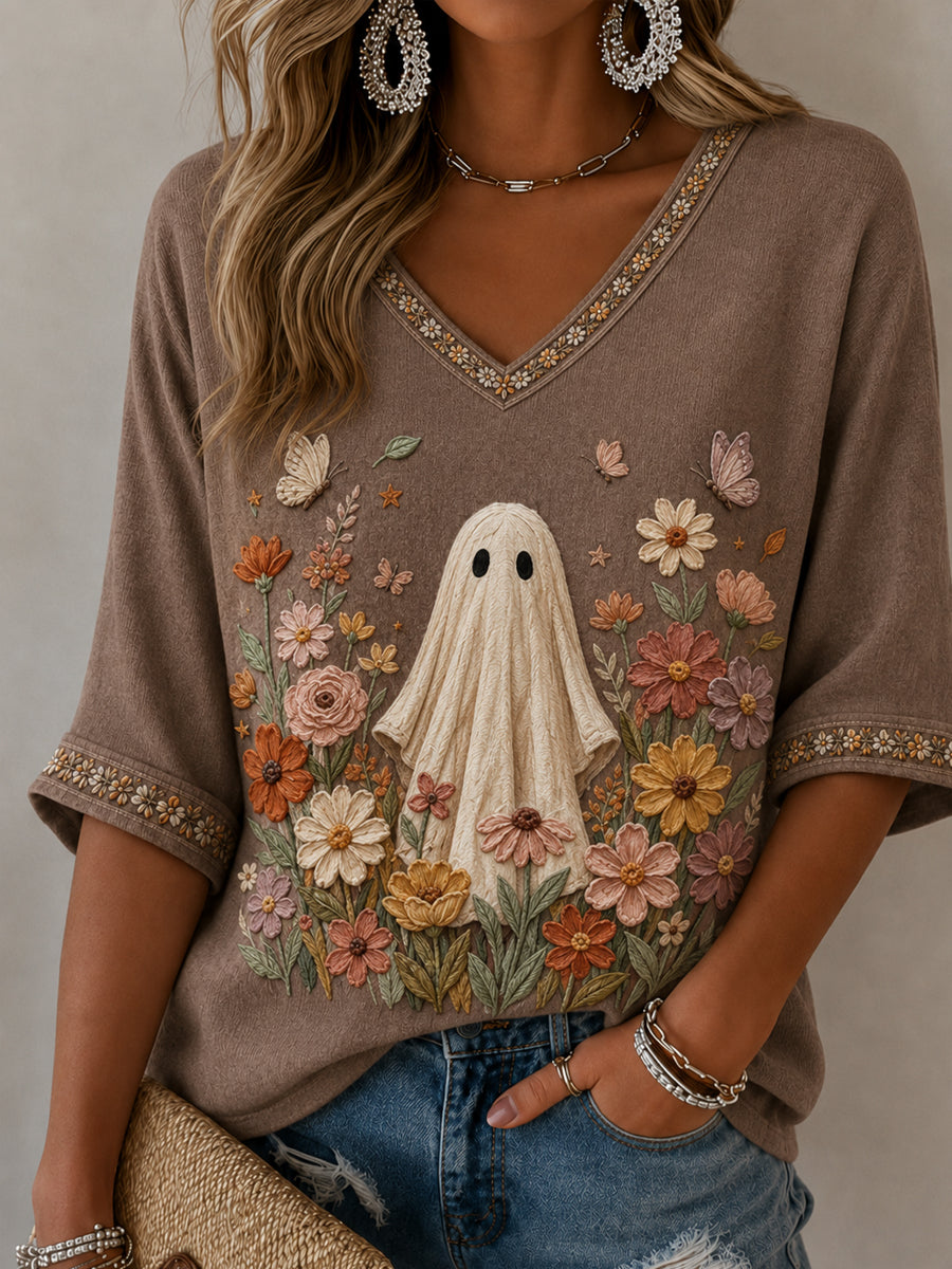 Women's Halloween Wildflowers Ghost Mid-length Sleeves V-Neck T-Shirt