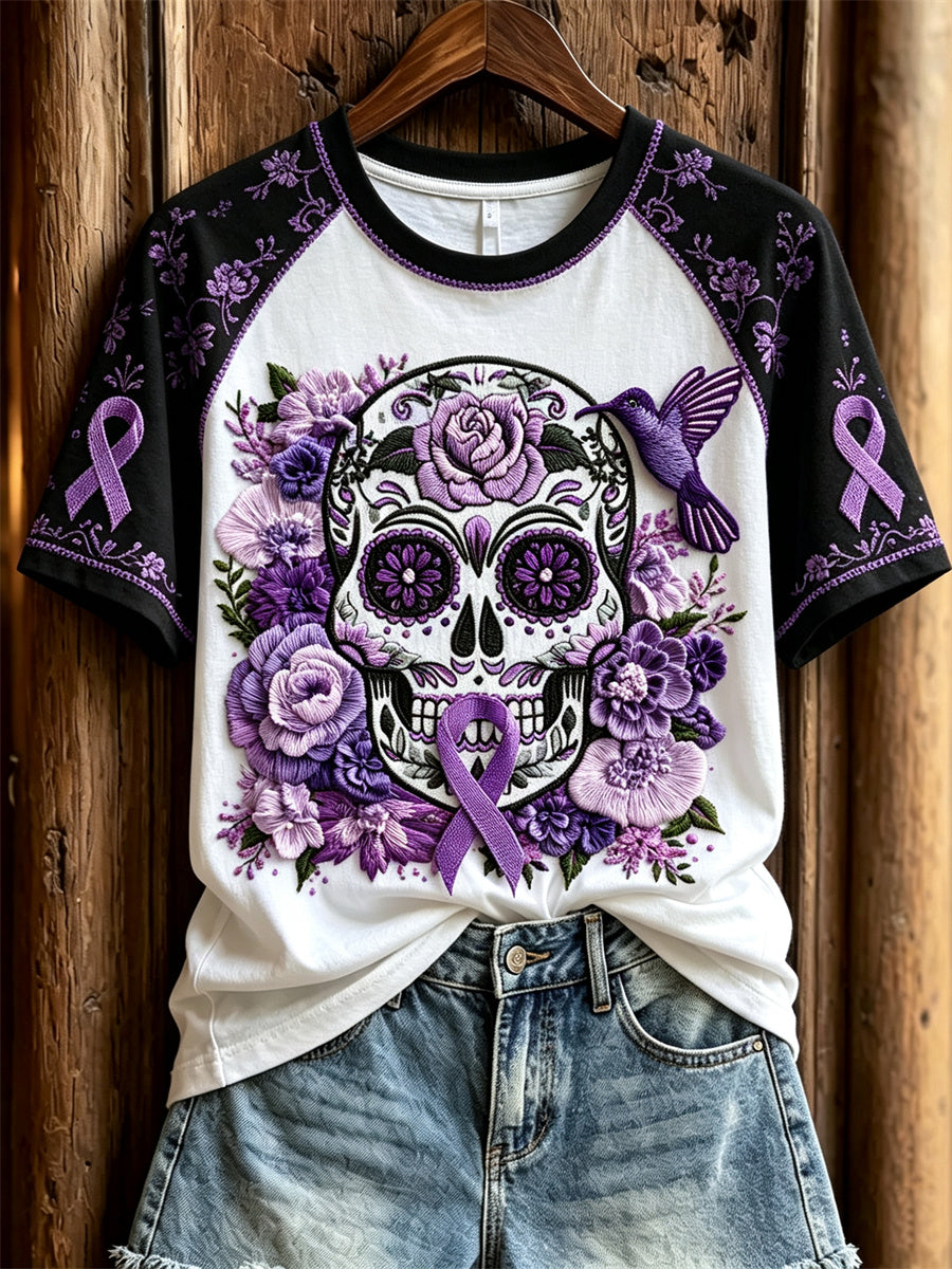 Women's Alzheimer Awareness Sugar Skull Floral Print Contrast Raglan short sleeve T-shirt