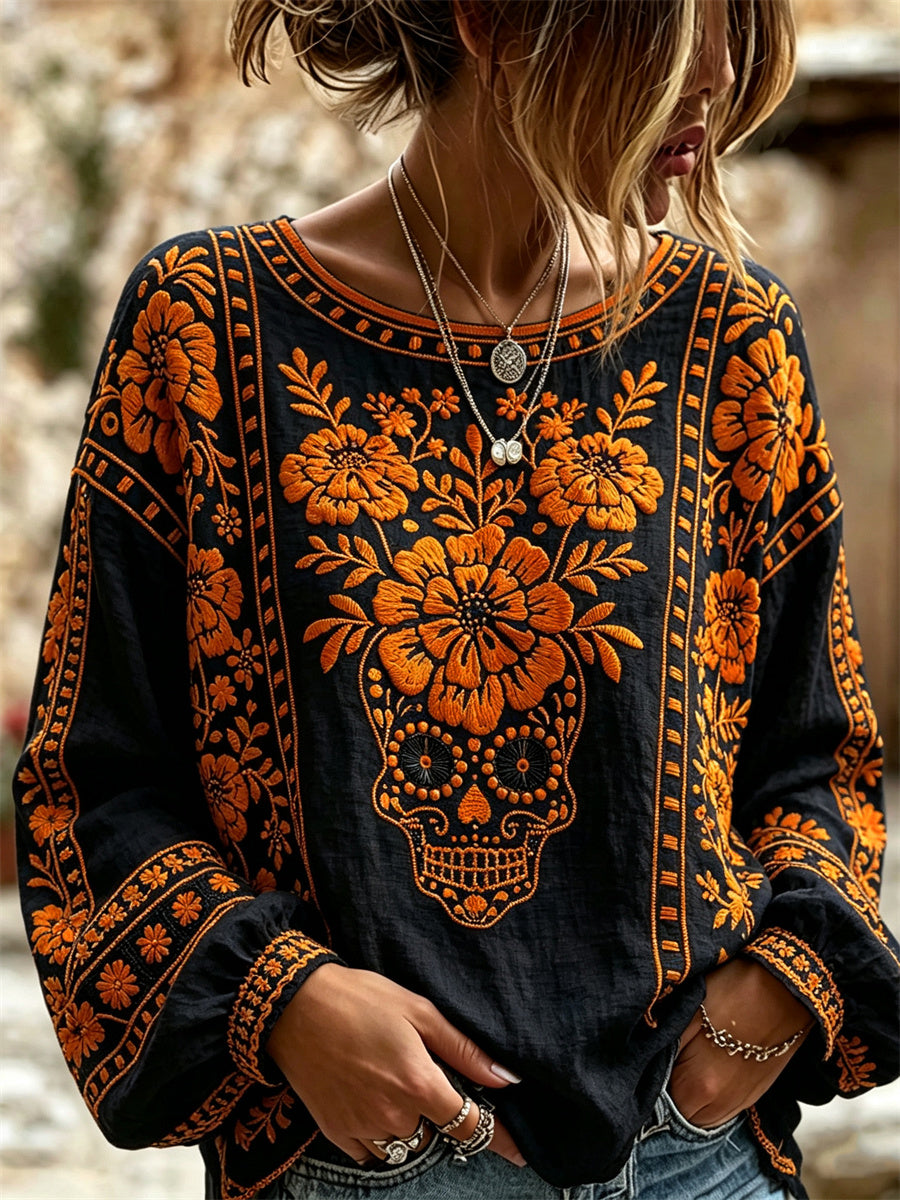 Women's Day of the Dead Sugar Skull Mexican Marigolds Floral Print Cotton-Linen Shirt